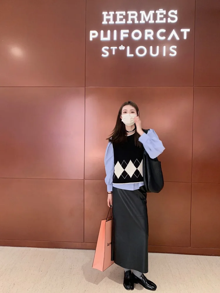 

High Waist Long Straight Glossy Ba Split Leather Skirt A-Line Midi Skirt for 8-24 Years Old Women All-Match Sle