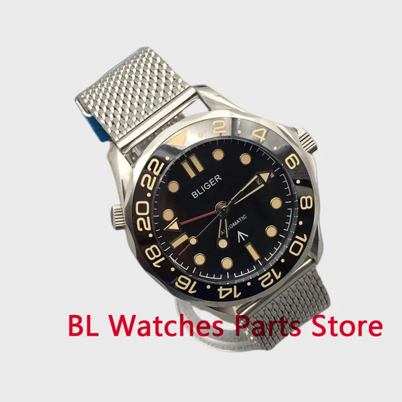 BLIGER 41mm New Mechanical Men Watch Sapphire Glass Japan GMT Movement Mesh Band Rotating Bezel Waterproof Luminous 3oclockDate