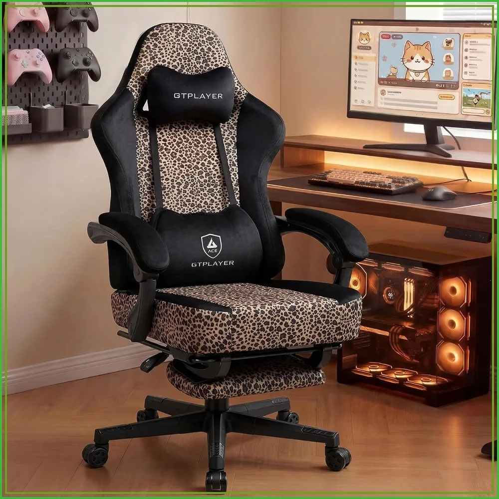 Gaming Chair with Leopard Print Cat, Velvet Ergonomic Office Chair with Footrest