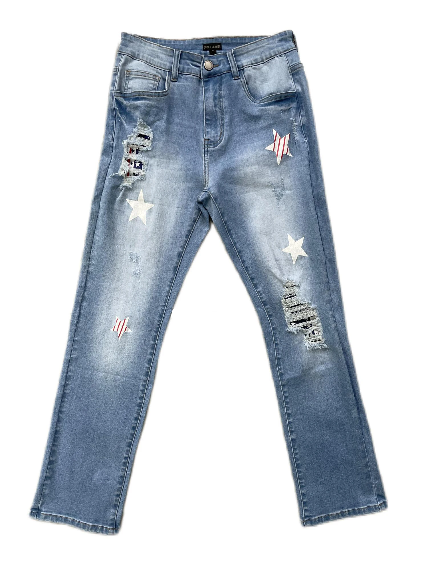 

Fashionable slim legs Jean Straight Pants Women Embroidered Star Vintage Ripped jeans Middle Waist Vaqueros Stretch Pantalones