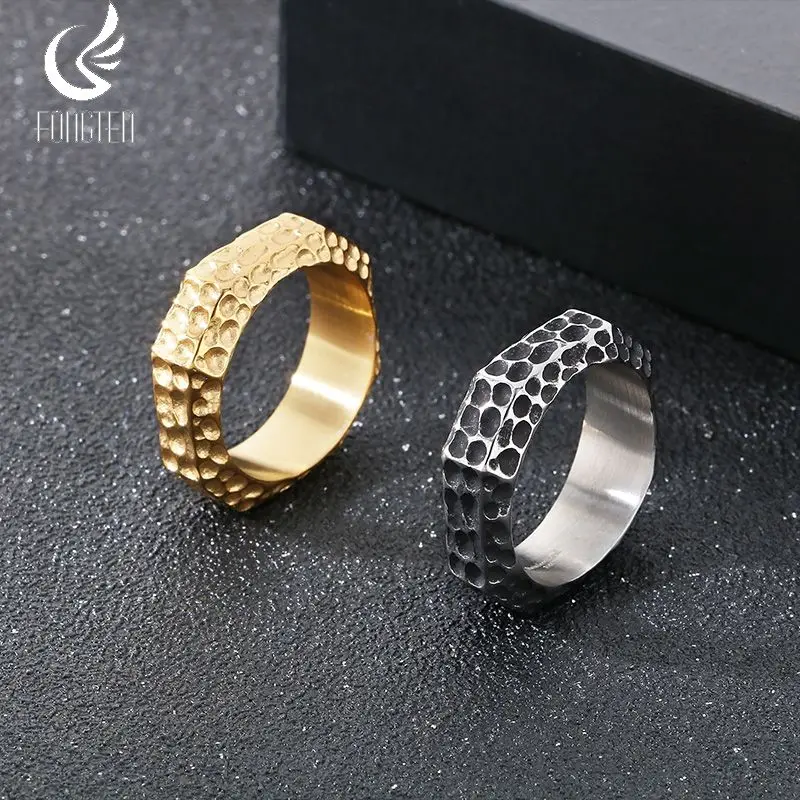 Fongten Fashion Men\'s Stainless Steel Rings Polygonal Vintage Hammer Pattern Waterproof Finger Ring Jewelry Gifts Wholesale