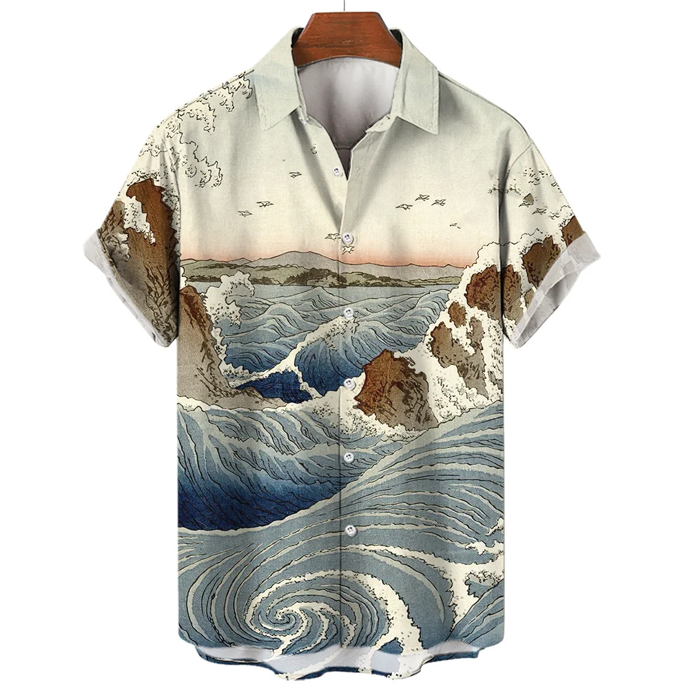 Ocean Y2K Vintage Men\'S Lapel Social 3d Casual Hawaiian Fashion Shirt For Man Street Short Sleeves Male Clothes Camisas Casuais