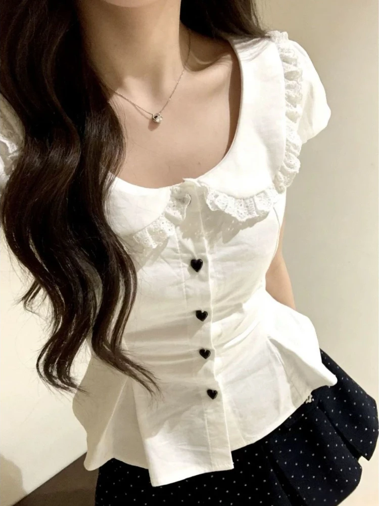 Shirts Women Cute Preppy Style Japanese Girl Fashion Summer Slim Hotsweet All-match Solid Casual Holiday High Street Kawaii Ins