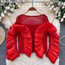 Basics Ruffle Spliced O-neck Hotsweet Vintage Long Sleeves Slim Mesh Top Office Lady High Street Spring Autumn Women T-Shirts