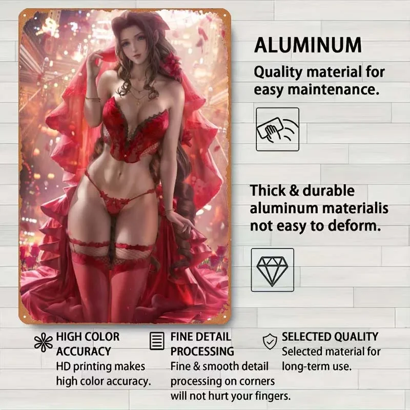 Aerith Red Gown Lingerie Game Poster Wall Art Decor Vintage Metal Tin Signs for Gamer Room Decoration Aesthetics Door Sign Home