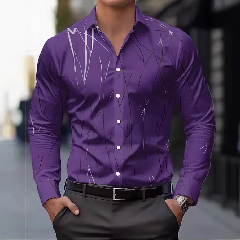 

Men's Long-sleeved Shirt Digital Printing Four-sided Elastic Casual Fashion Striped Button-up Men's Shirt