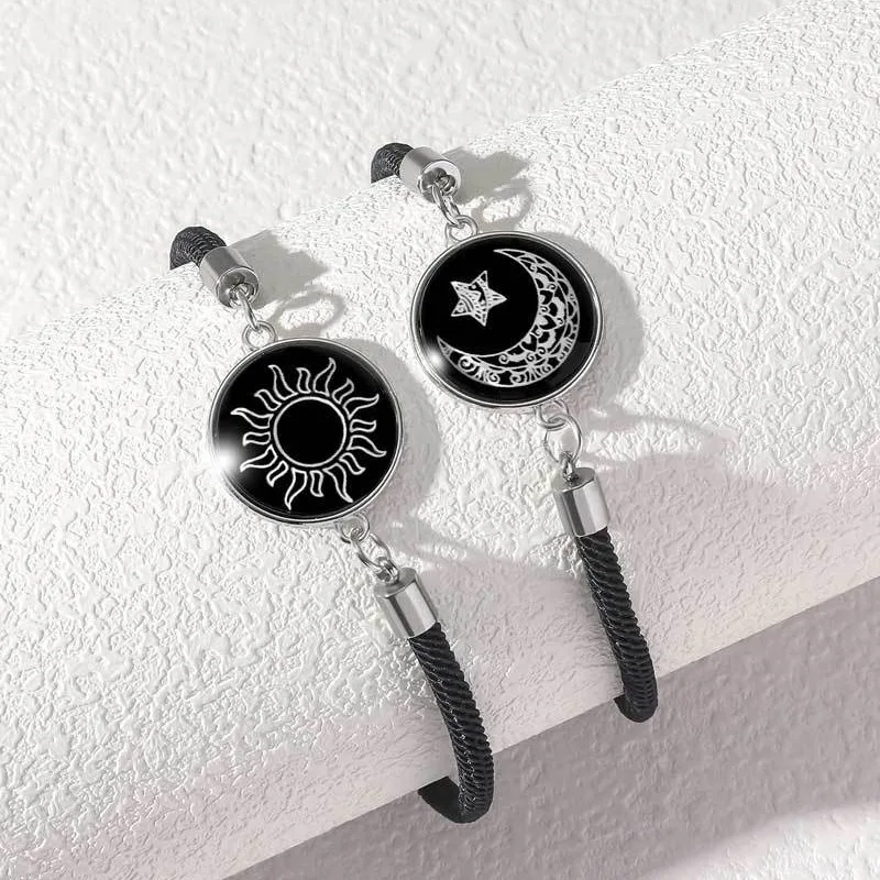 2 Pcs Romantic Luminous Sun Moon Couple Bracelets for Women Men Handmade Braided Rope Charm Bracelet Valentine\'s Day Jewelry