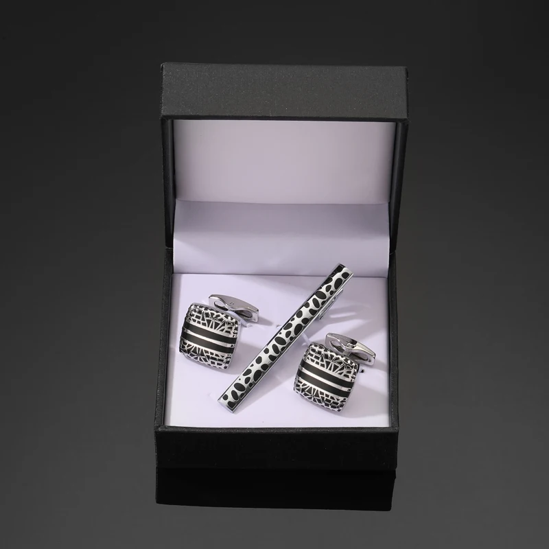 طقم صندوق أزرار أكمام نحاسي بطباعة فهد ، أزرار أكمام قميص فرنسية ، مشبك ربطة عنق بدلة ، هدايا مجوهرات للرجال ، بيع بالجملة