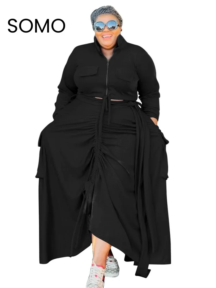 SOMO-Manteau à manches longues pour femmes, ensemble 2 pièces, résistant, épissure de proximité, wstring, décontracté, fermeture éclair à revers, robe trempée, grande taille, livraison directe, 2024