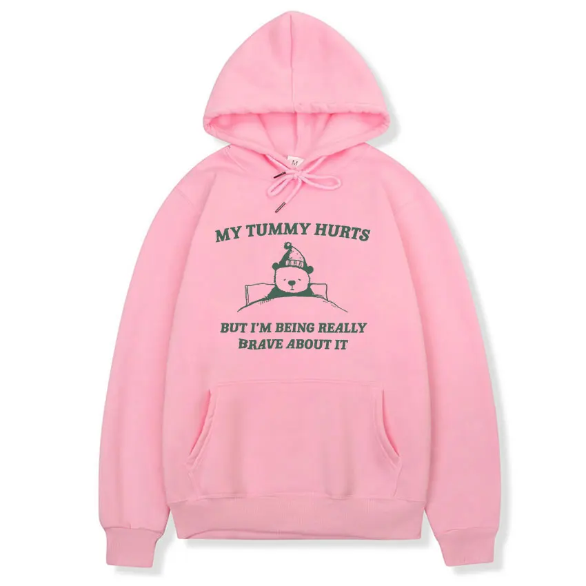 My Tummy Hurts But I\'m Being Really Brave about It Raccoon Meme Hoodie Funny Men Women Casual Fleece Pullover Oversized Hoodies
