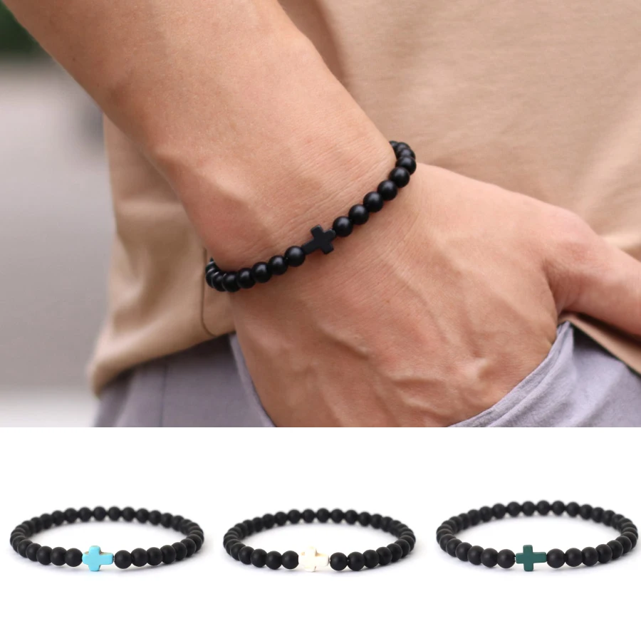 Минималистичный браслет с крестом для мужчин, ручная работа, 6 мм, ониксовые бусины, медитация, йога, исцеляющий браслет, Pulsera Homme Accesorios Hombre Joias