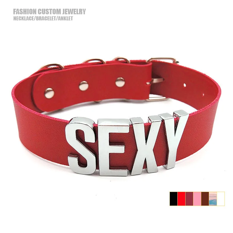 Collares con nombre personalizados para mujeres y hombres, Gargantilla de cuero Pu roja, Collar de fiesta de Club, joyería de Cosplay, Sexy, letra grande