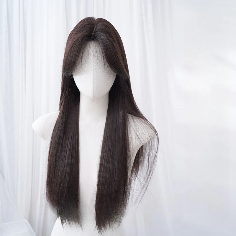 

Женский парик на каждый день, натуральные длинные прямые волосы, разделены в восьми символьных челки, милый полный головной убор.