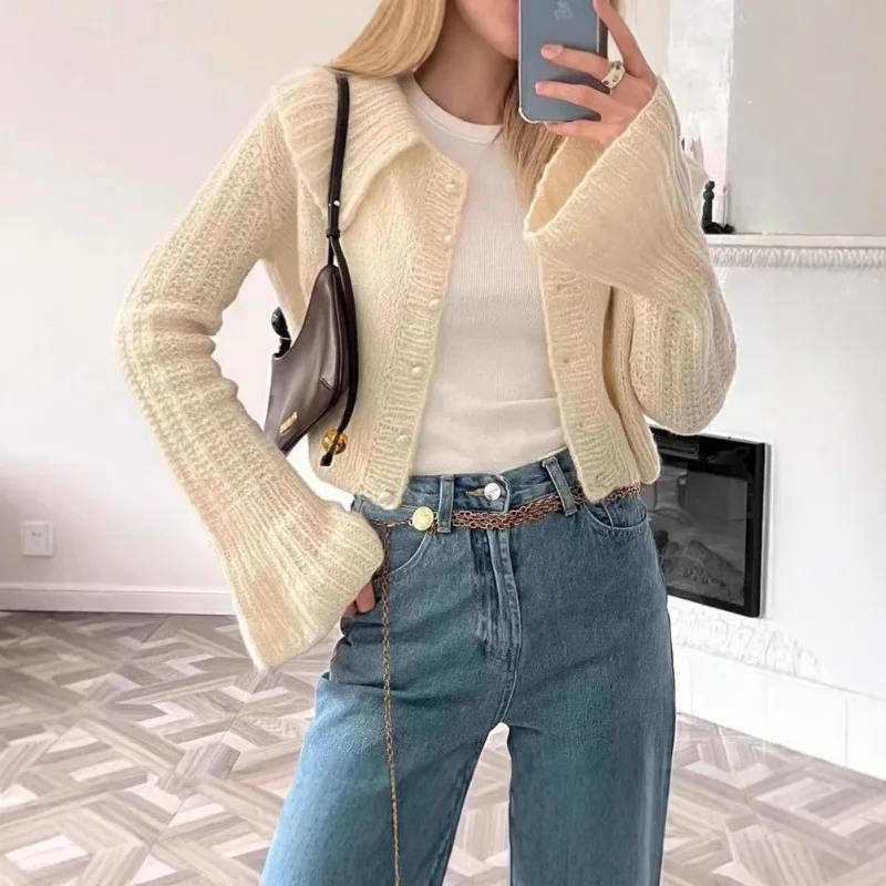 

Women's Spring Autumn Knitted Cardigan Flared Sleeves Collar Short Solid Color Thin Simple Loose Fashion Soft Versatile Leisure