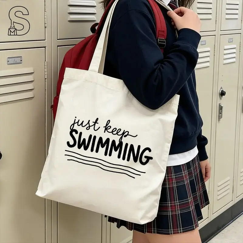 1 Piece, Polyester Canvas Material, Just Keep Swimming Printed Tote Bag, Simple and Fresh Tote Bag, Fashionable Shoulder Shopping Bag, Minimalist Design Daily Storage Bag