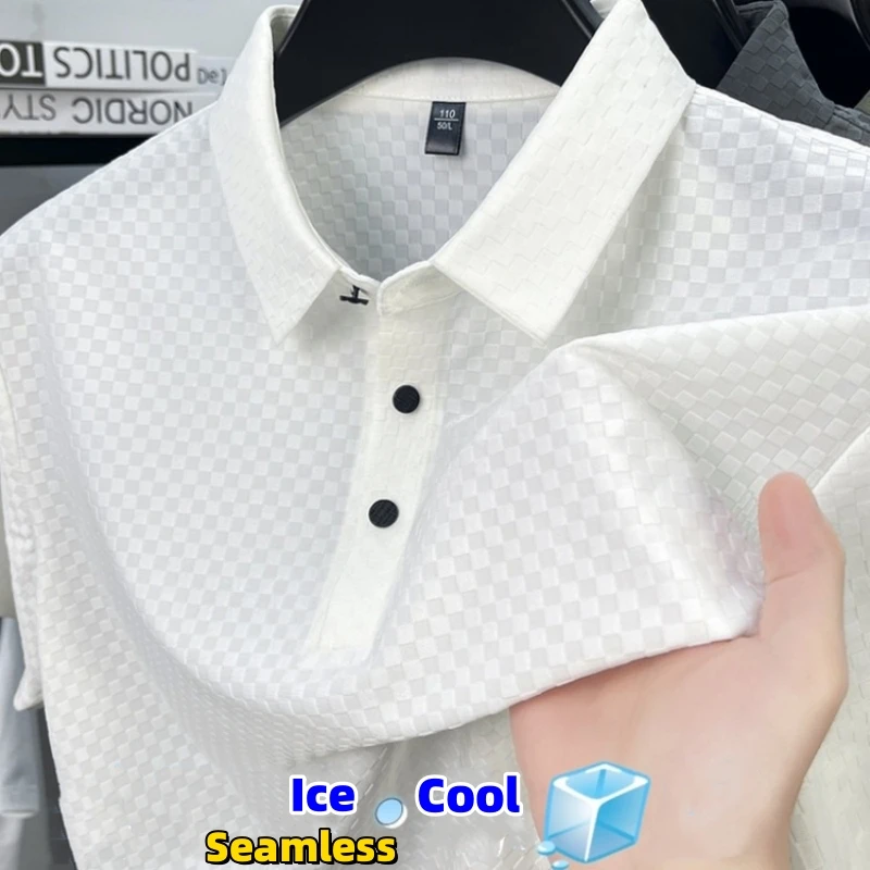 

Ice Cool Feel T-shirt for Man Summer New Short Sleeve Seamless Tops Business High End Casual Luxurious Checked Jacquard T-Shirts