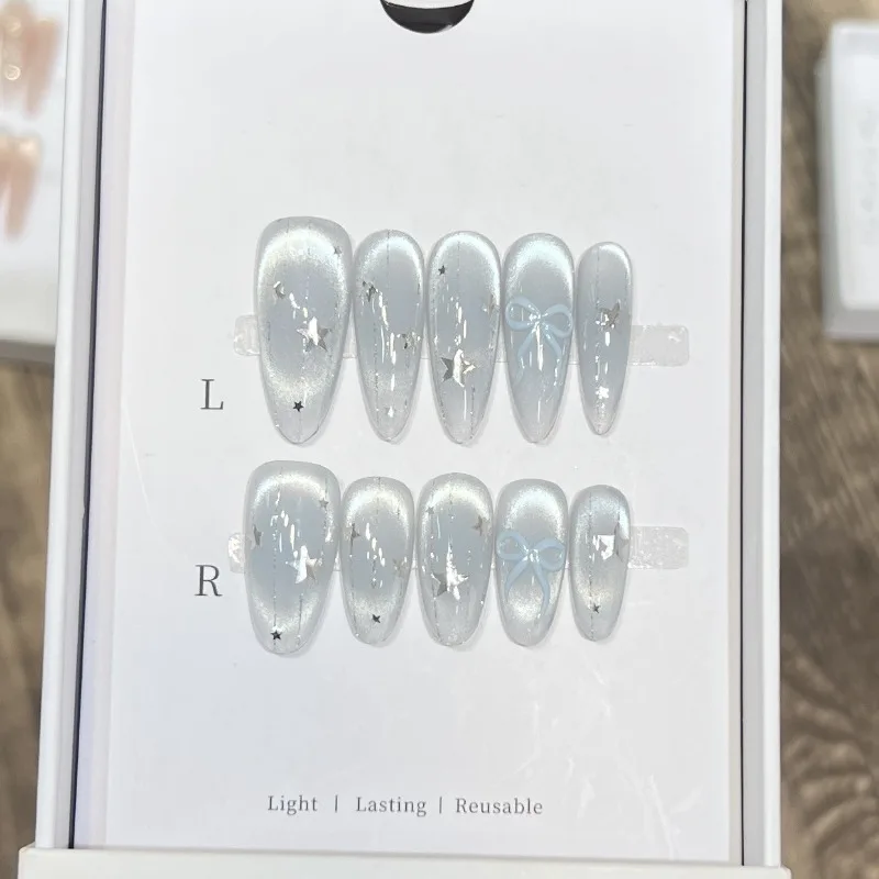 

10 шт. накладных ногтей ручной работы с клеем, весенне-летние, синие, с эффектом кошачьего глаза, в форме миндаля, с бантиками, съемные, на клейкой основе