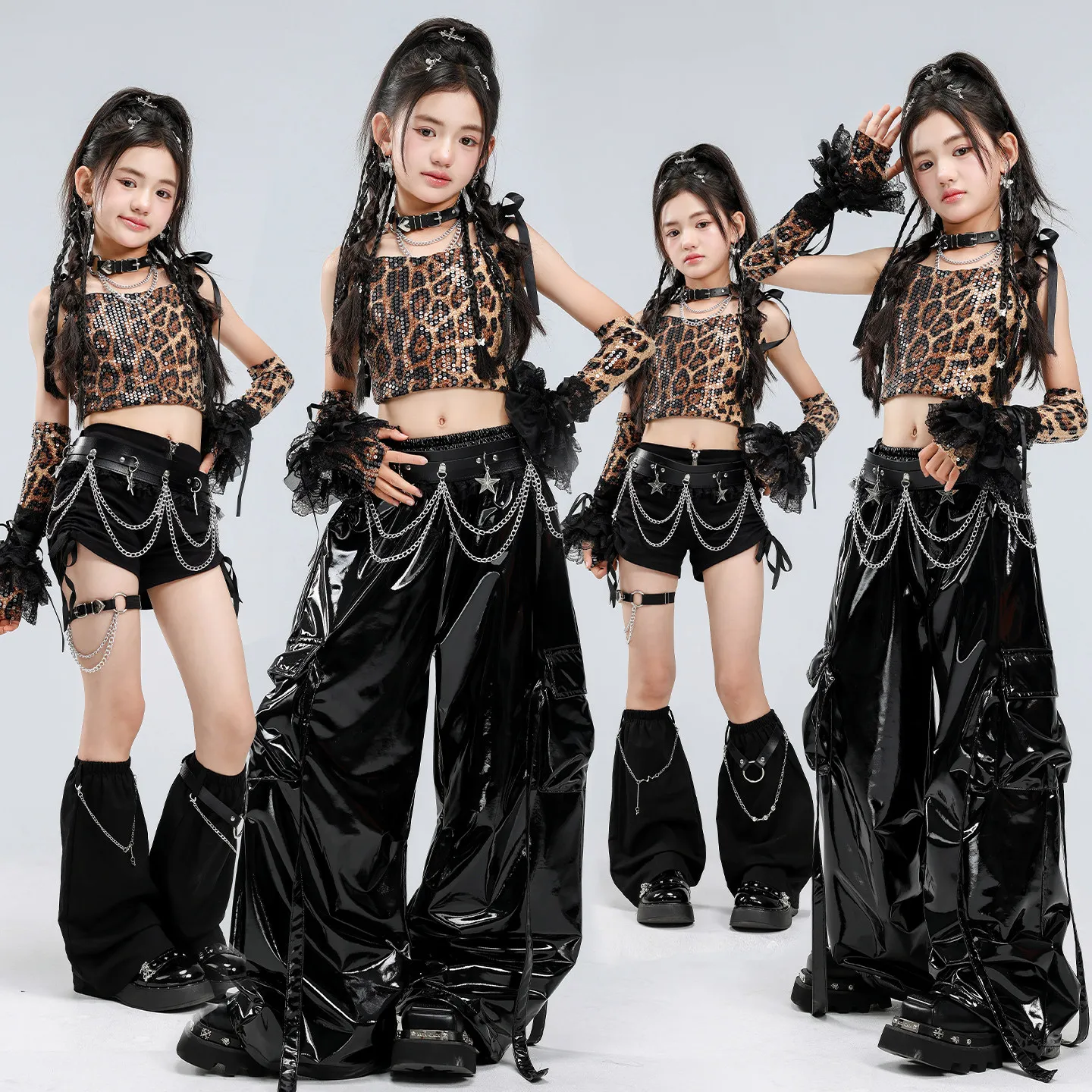 Sequin Jazz Dance Clothes Girls Kpop Performance Costume Leopard Print Tank Top Black Pants Kid Fashion Runway Show Outfit 3997