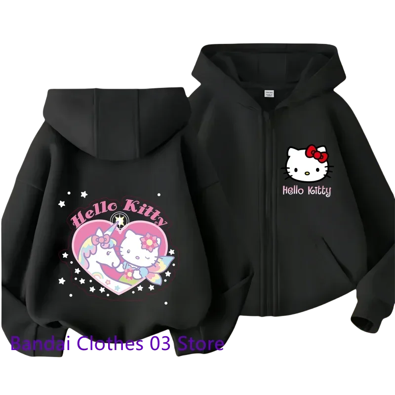 Hello Kitty New Pin Zipper Hoodie Girls Sweatshirt Autumn/Winter Long Sleeve Jacket Harajuku Jumper Pin Casual Hoodie Top