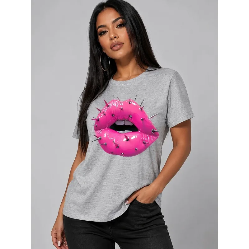 Women's Rock Steel Nail Lip Print T-shirt Casual and Fashionable Round Neck Short Sleeved Cotton Top Summer T-shirt Clothing
