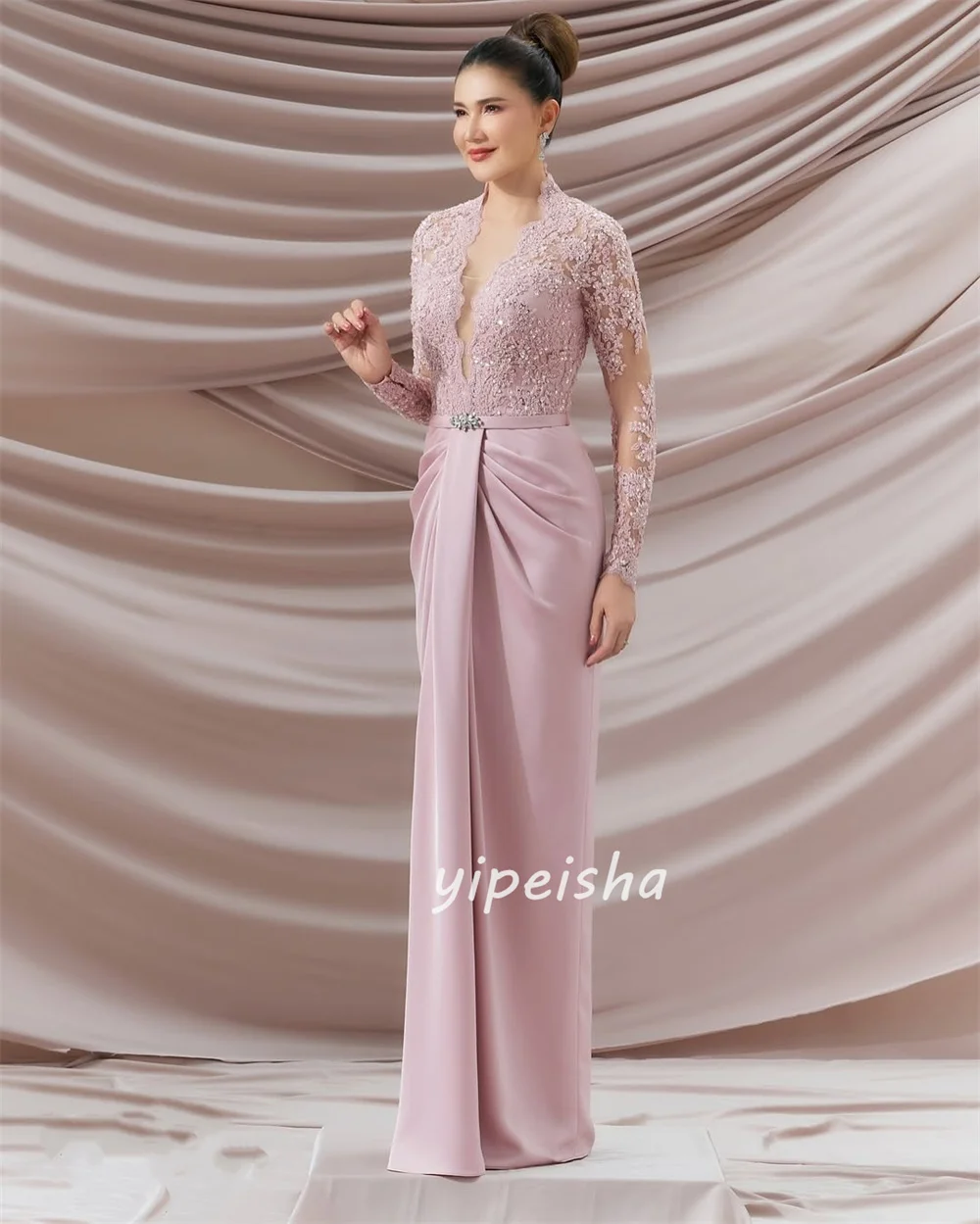 Customized Intricate Formal Jersey Rhinestone Applique Sash Mermaid V-neck Long Dresses Bespoke Occasion Dresses Sizes Available
