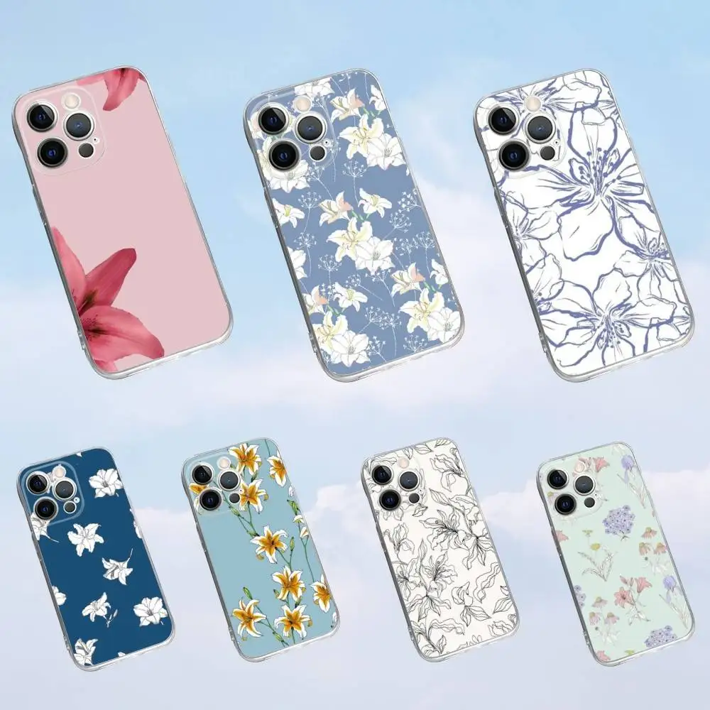 

Flowers Floral Lily Pattern Phone Case For iPhone 16,15,14,13,12,11 Pro,Max,Plus,X,XS,XR,SE,Mini Transparent Silicone Soft