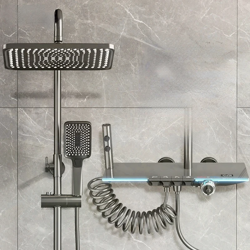 Imagem -02 - Sistema de Chuveiro Termostático com Aspersor Torneira Misturadora de Banheiro Inteligente Display Digital Arma Cinza Novo