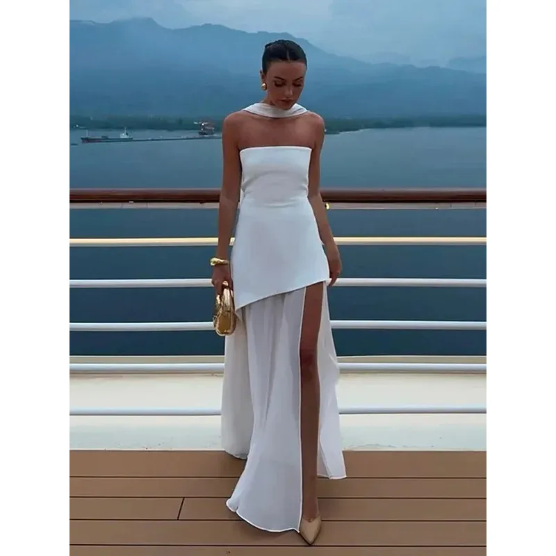 

Fashion Strapless Ribbon Maxi Dress Elegant Sleeveless Backless Vacation Long Robes Women Beach Wine Red Dresses