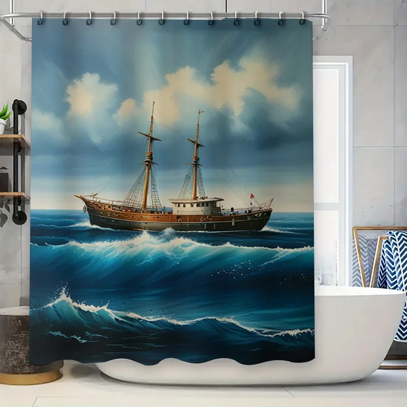 

Tropical Fish Shower Curtain Waterproof Polyester Fabric Bath Room Decoration Sailboat Print Home Decor Window Curtains Dark Blu