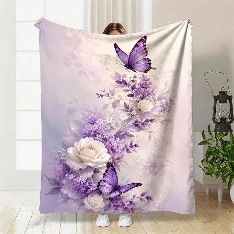 Ultra Soft Floral Butterfly Throw Blanket Purple Lilac Flower Pattern Cozy Bed Decor Gift for Bedroom Living Room Home