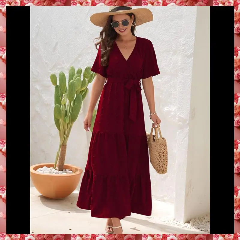 Boho Dot Summer Maxi Dresses For Women Wrap V Neck Short Sleeve Long Flowy Church Wedding Guest Dress