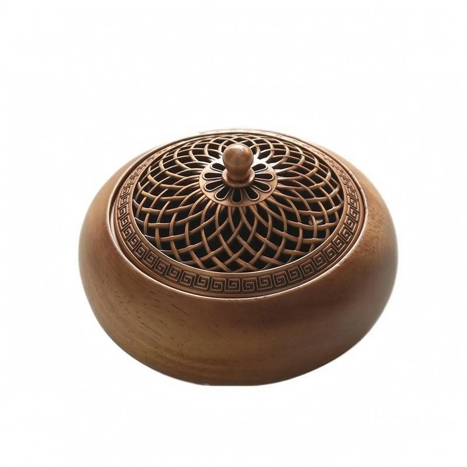 Round Walnut Incense Burner Metal Lattice Lid Cone Stick Holder Aromatherapy Zen Home Decor for Meditation Yoga Spa Tea Ceremony