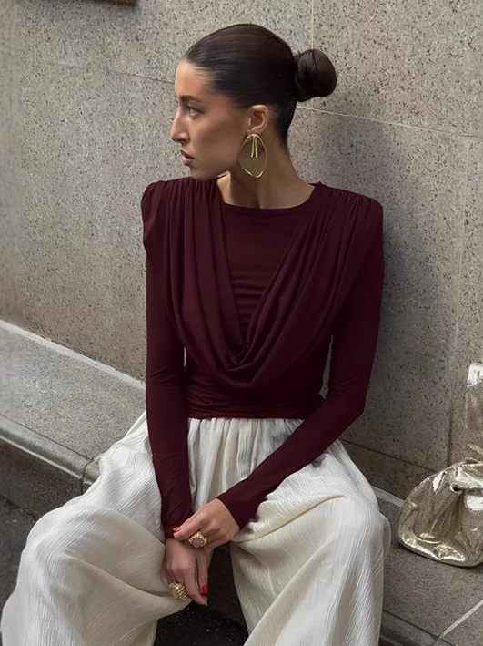 レディース ロングスリーブTシャツ ギャザーウエスト ペンデュラムネック ベースカラー 秋冬 レッド スリムフィットトップ ヨーロッパ風 スレ ポリエステル...