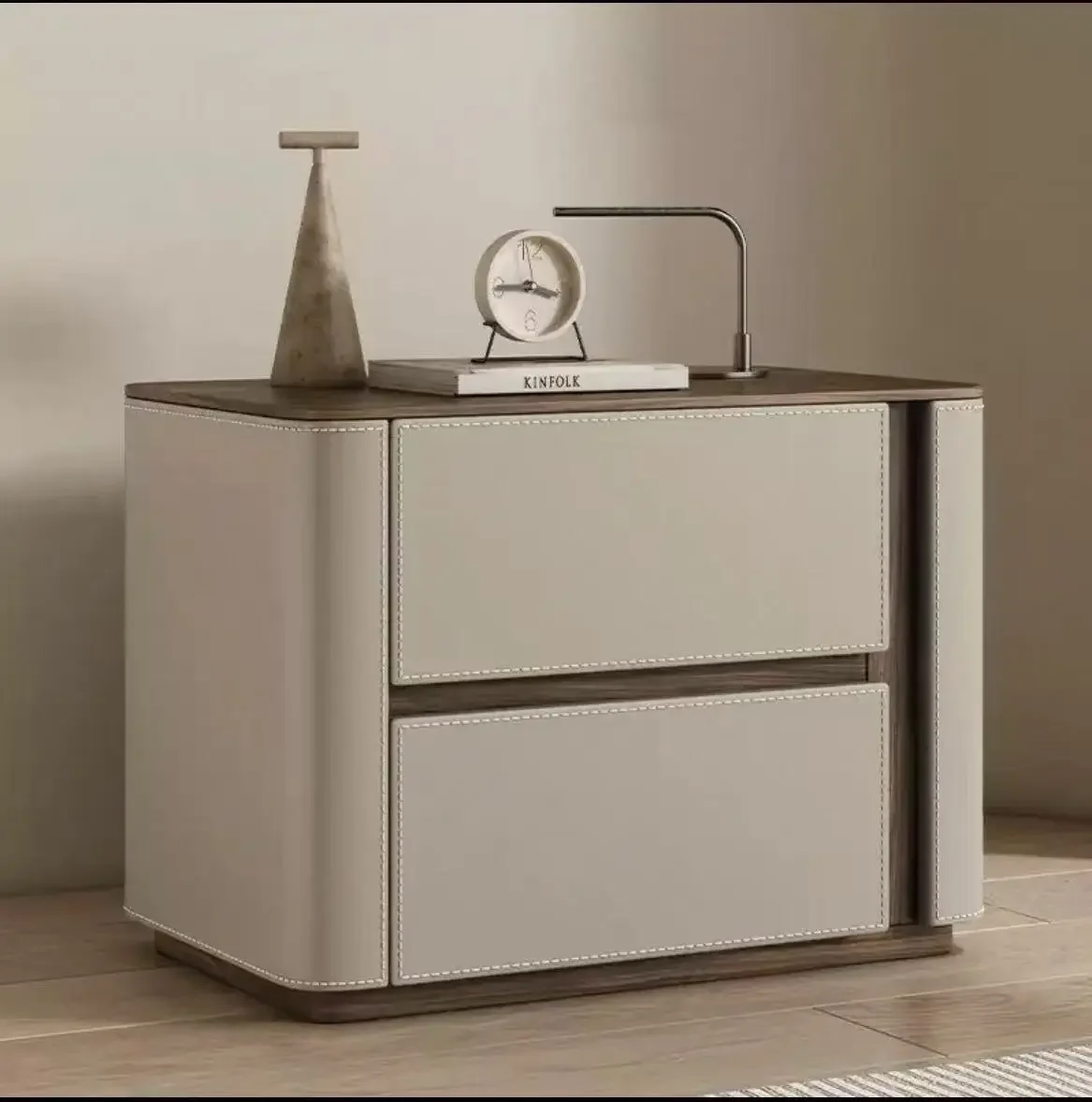 Modern light luxury creative all solid wood bedside table saddle leather walnut pattern home bedroom