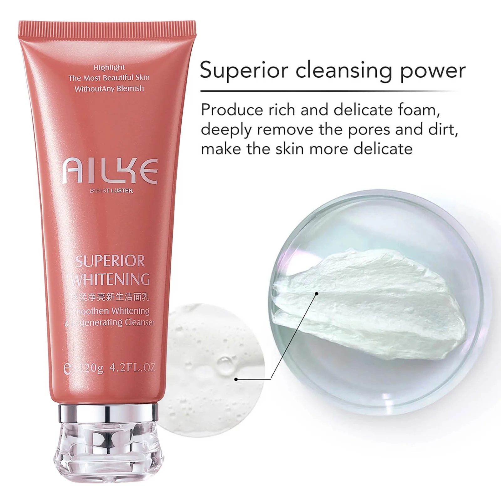 AILKE Natural Rose Facial Cleanser, Brightening, Reduce Dark Spots, Acne, Moisturizing, Clean Pores, Oil Control, 120ml/4.23 oz