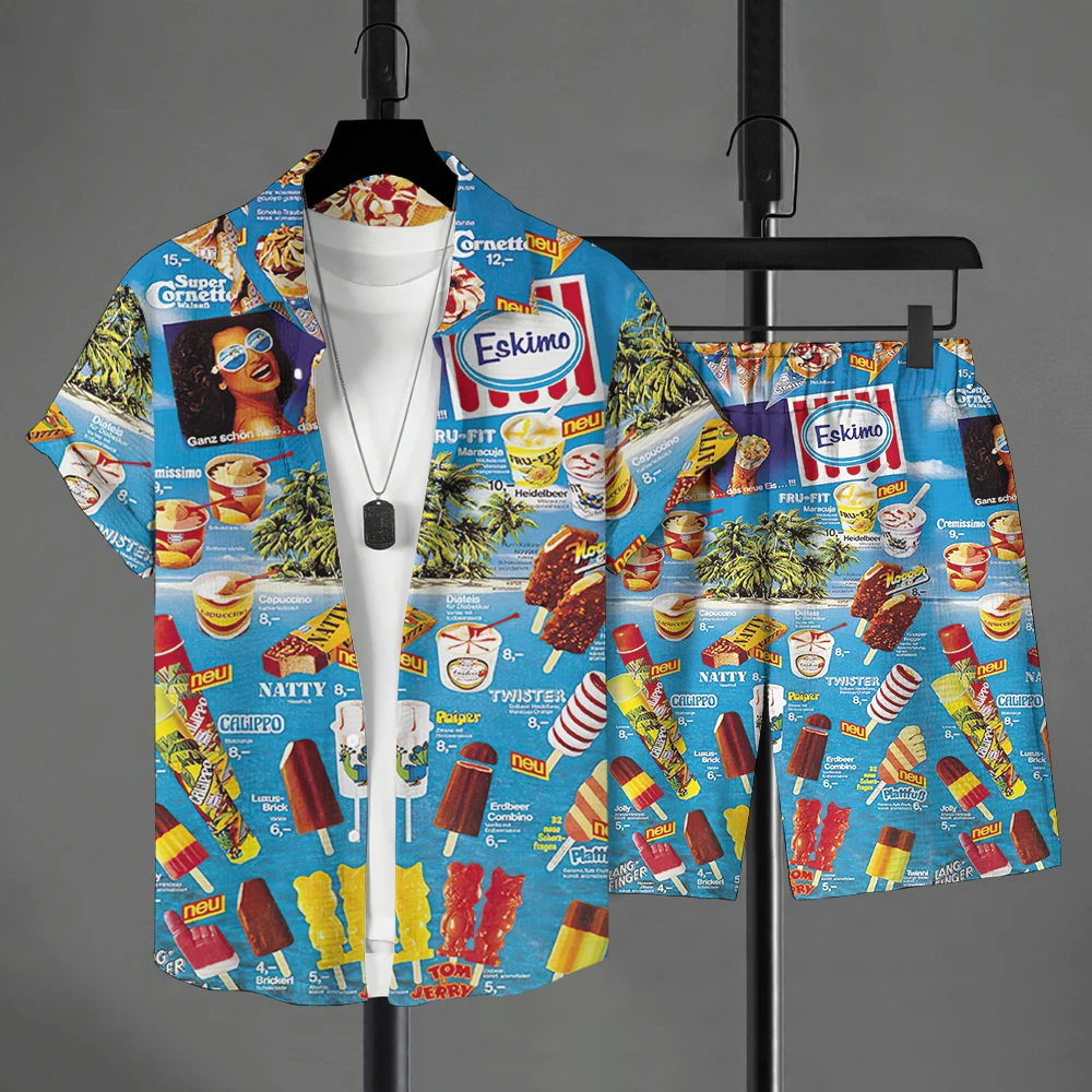 

2025 Summer Men's Shirt Set Outdoor Short Sleeve Shirt Vacation Beach Pants Ice Cream Ice Cream Print OverSize Two Piece Set
