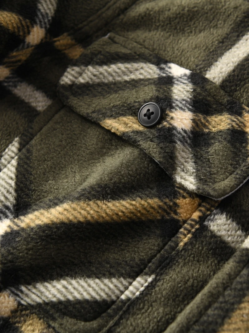 قميص رجالي كاروهات بأكمام طويلة مبطن بالصوف سميك وفضفاض للشتاء بأسلوب حضري عصري من ألياف البوليستر للشباب