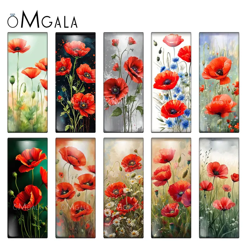 Assortiment de 10x25mm, Cabochons rectangulaires en verre, motifs artistiques de fleurs de pavot rouge, idéal pour la fabrication et l'artisanat de bijoux à faire soi-même, 10 pièces
