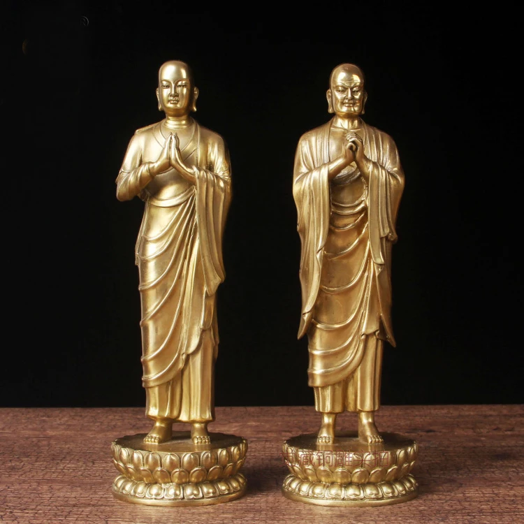 

A Pair 2P HOME temple altar Buddhism Sakyamuni Amitabha Buddha disciple Left and right ANAN KAYE Dharma protector brass statue