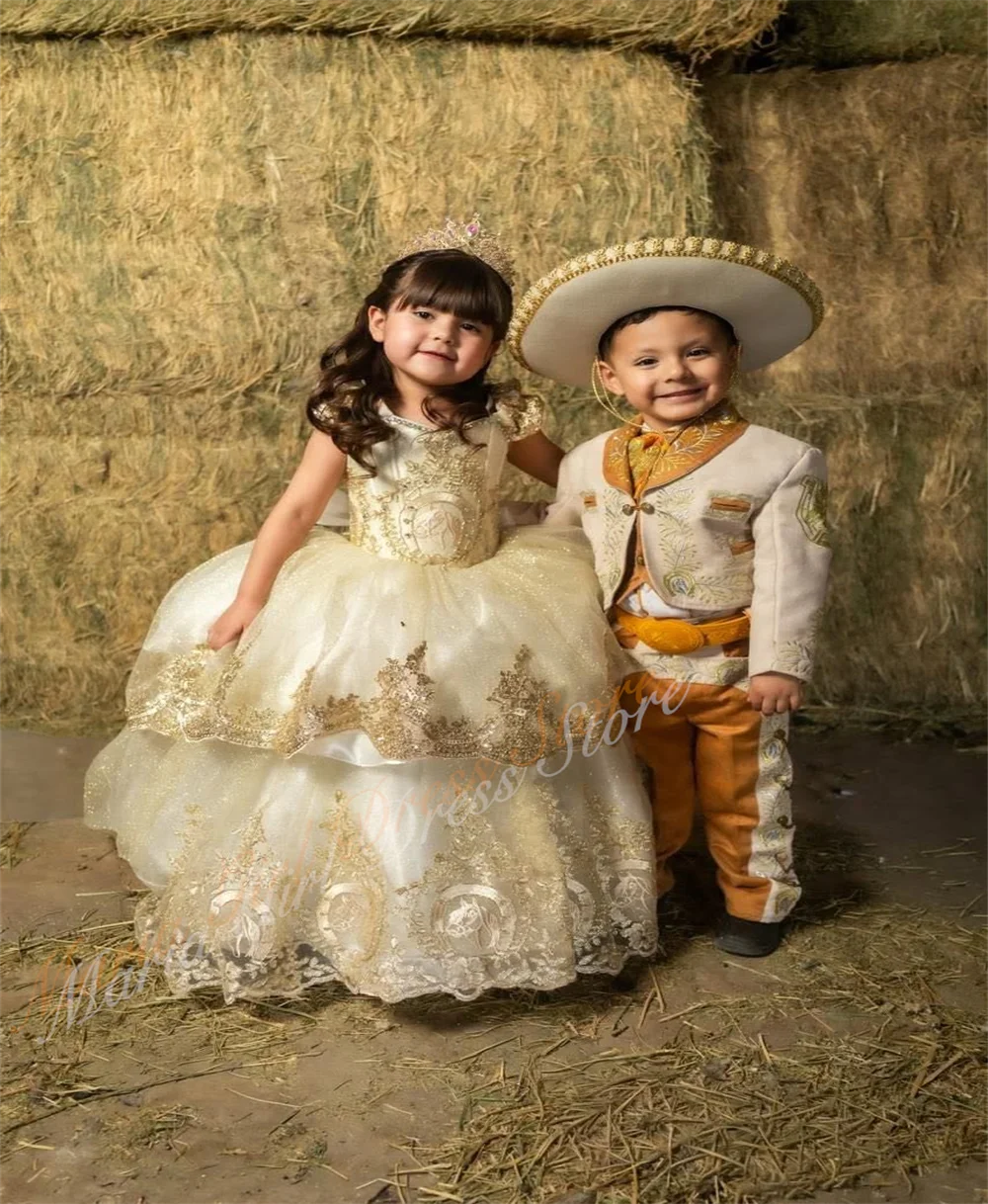 Golden Lace Appliques Cute Flower Girl Dresses for Wedding Back Bow with Trailing Girl Birthday Party First Communion Gowns