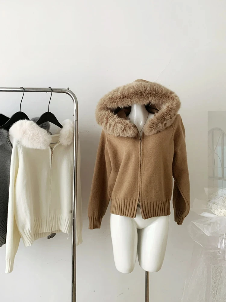 Winter Long Sleeve Full Zip Cardigan Sweater Women Elegant Hooded Fur Collar Hoodies 2000s Aesthetic Solid Korean Fashion Coat