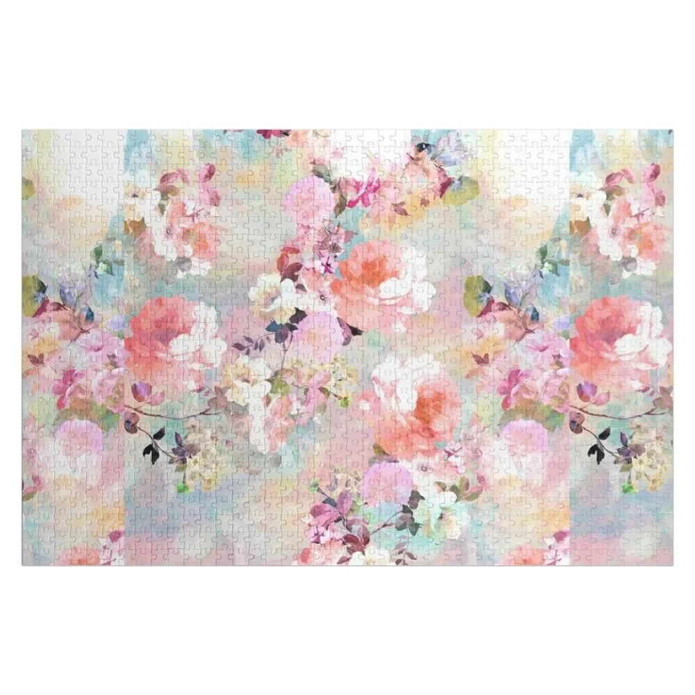 Romantic Pink Teal Watercolor Chic Floral Pattern Jigsaw Puzzle Customizable Child Gift Photo Personalized Gifts Puzzle