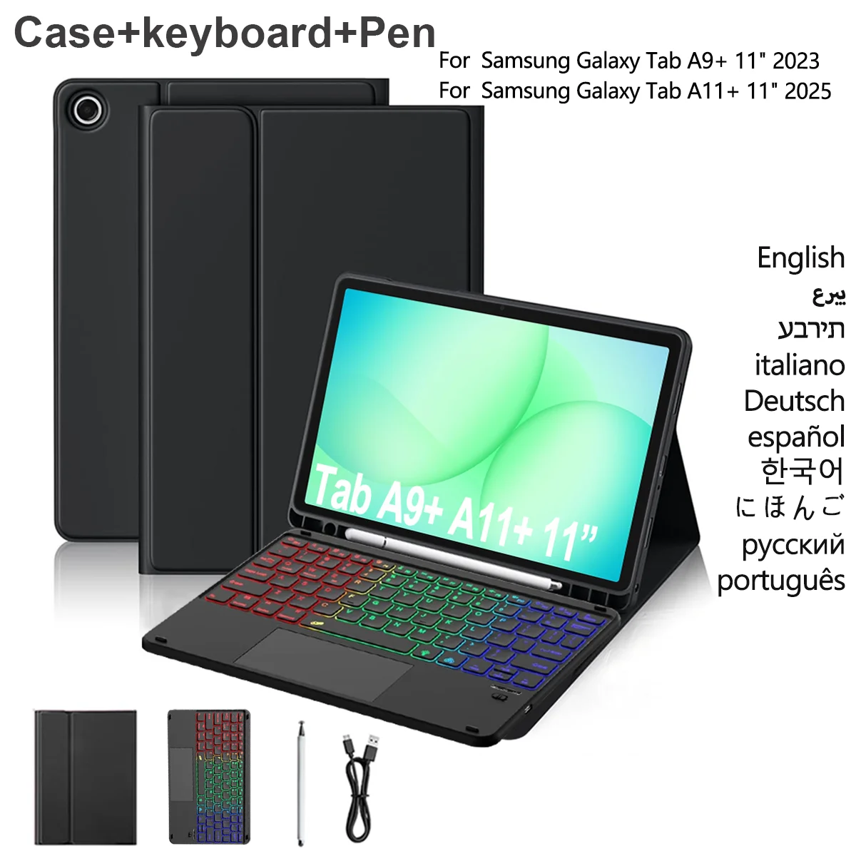 Case Keyboard for Samsung Galaxy Tab A11 Plus/A9 Plus 11 inch with Detachable Bluetooth Trackpad Backlit Keyboard Stylus Cover