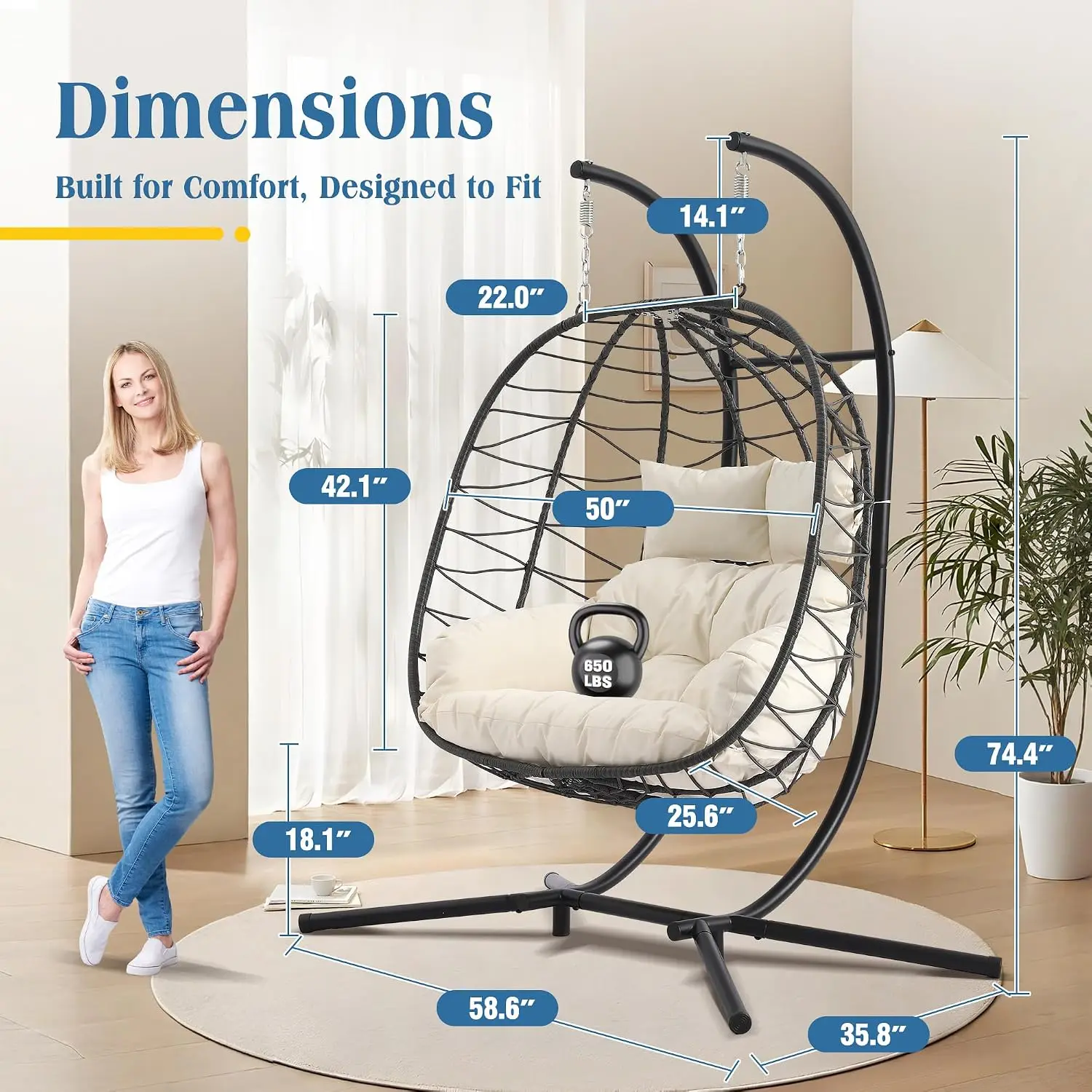 Double Hanging Egg Chair with Stand, Beige Foldable Wicker Loveseat for 2, 650 lbs Capacity, Cushioned Swing Chairs