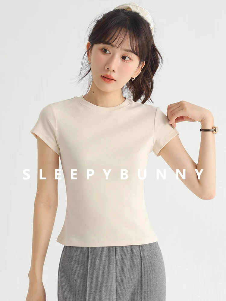 Women Casual Slim Fit Cap Sleeve Round Neck T-Shirt Summer Petite Stretch Tee Versatile Basic Short Sleeve Top for Daily Wear