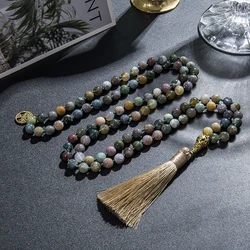 8mm Indian Agate Knotted 108 Mala Beads Necklace Meditation Yoga Prayer Beads Japamala Rosary Jewelry for Men and Women