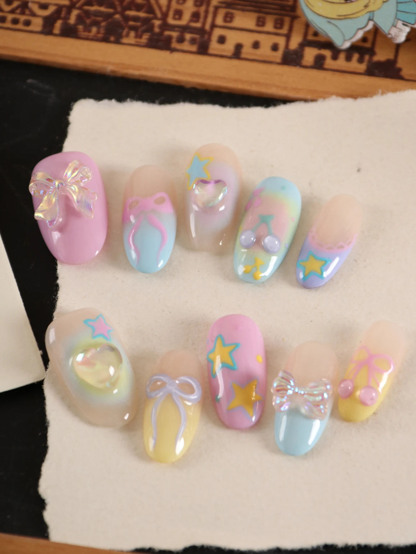 10Pcs Press on Nails Hand Drawn Colorful Bow Blue Pink Cute Gradient Wear False Nails Artificial Nails Kit Nail Art DIY