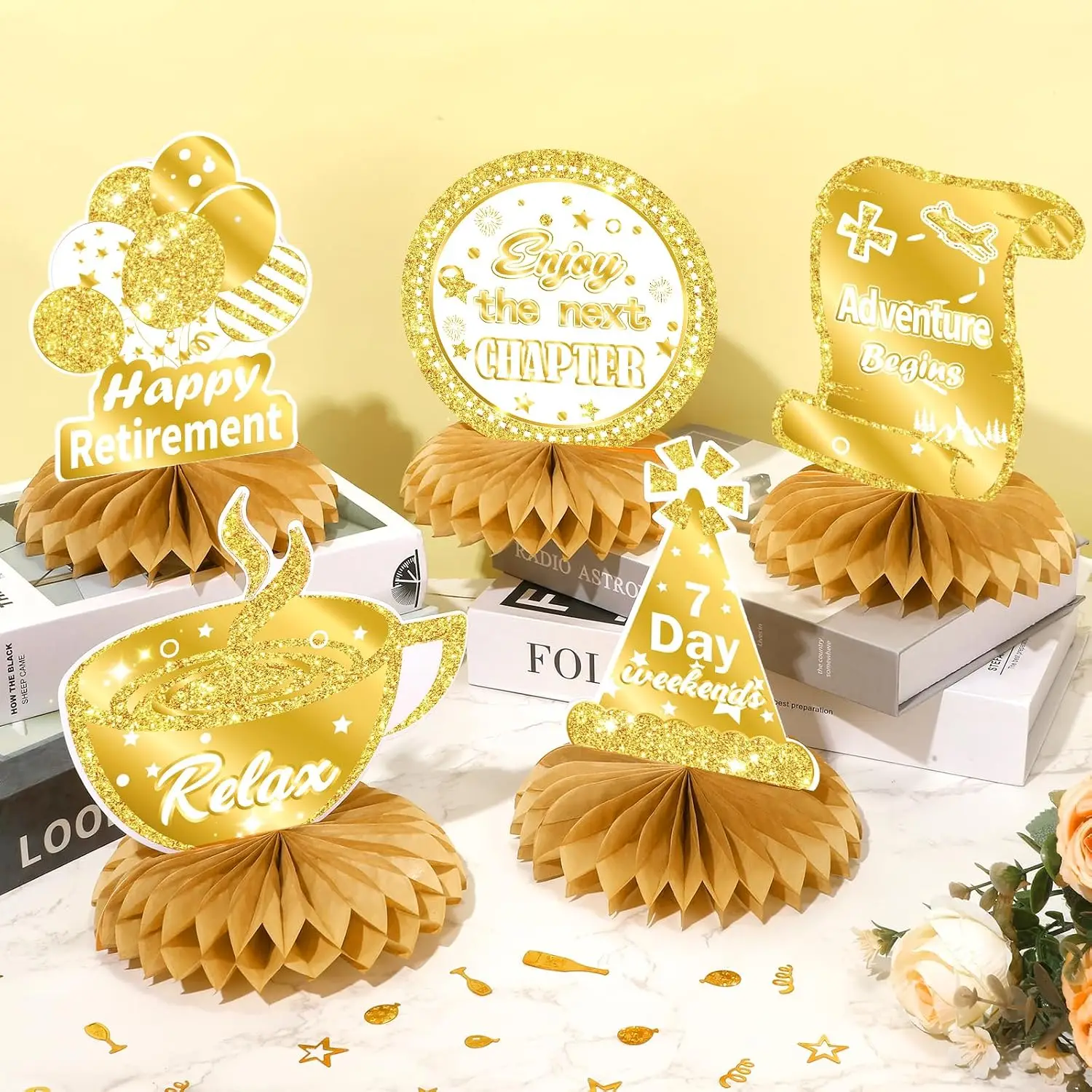 Retirement Honeycomb Centerpieces 8 Toppers Gold White Double Sided Cardstock Farewell Party Decor Supplies Coworker Boss