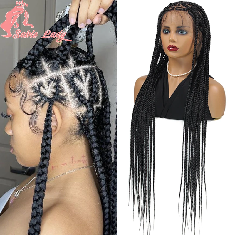 

Synthetic Full Lace Braided Wig for African Women 36'' Black Heart Shape Braids Wig with Baby Hair Knotless Braid Lace Front Wig