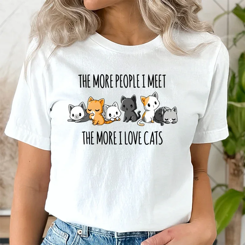 Fashionable Summer Casual Women's T-shirt Cute Cat and University Women Clothes Aesthetic Clothes